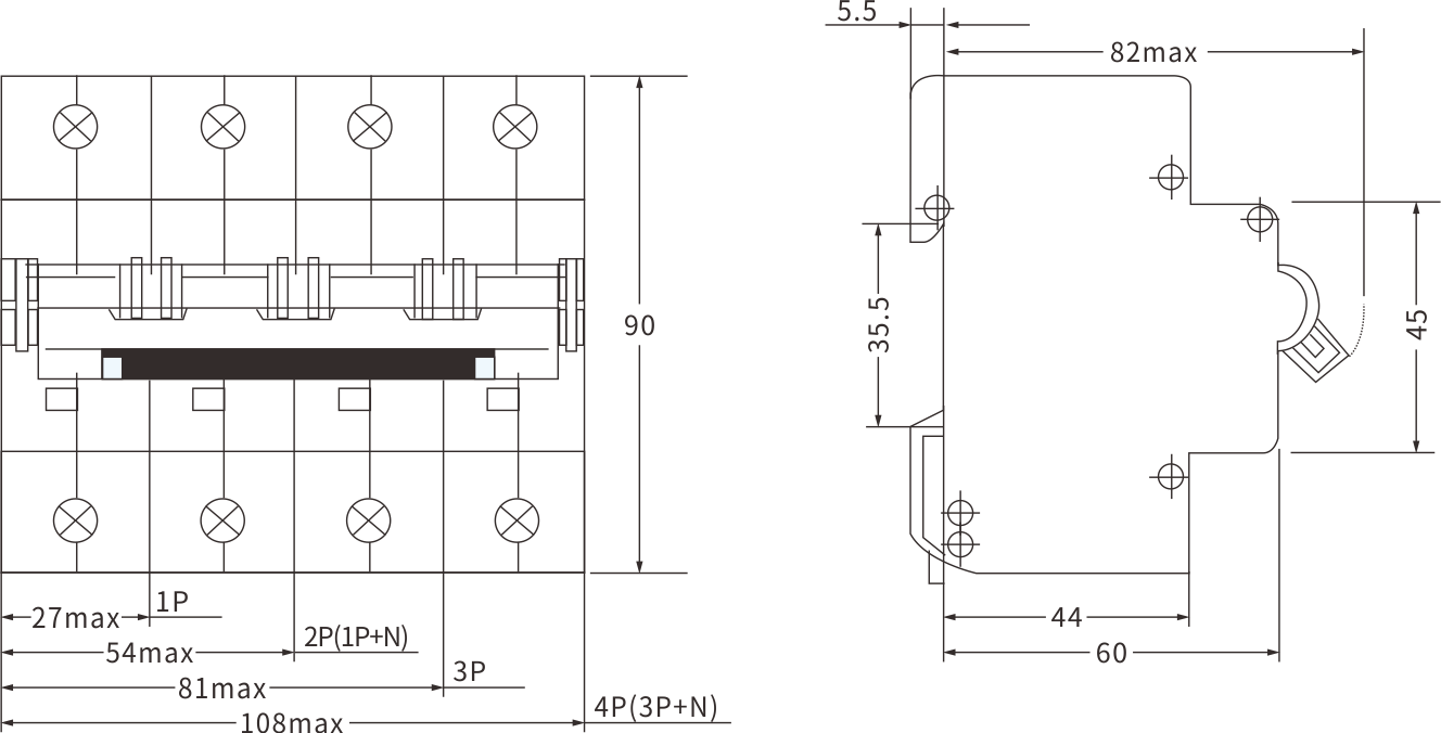 ETEK BIG Corrente MCB EKM1-125H Tamanho